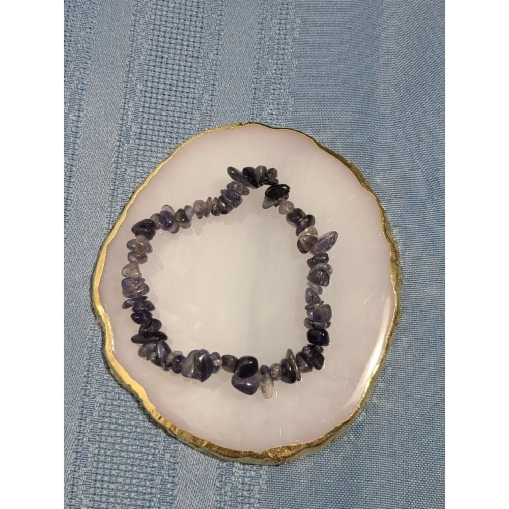 Natural Iolite Chip Bracelet Indigo Crystal Stretch Boho Healing Jewelry 7”
